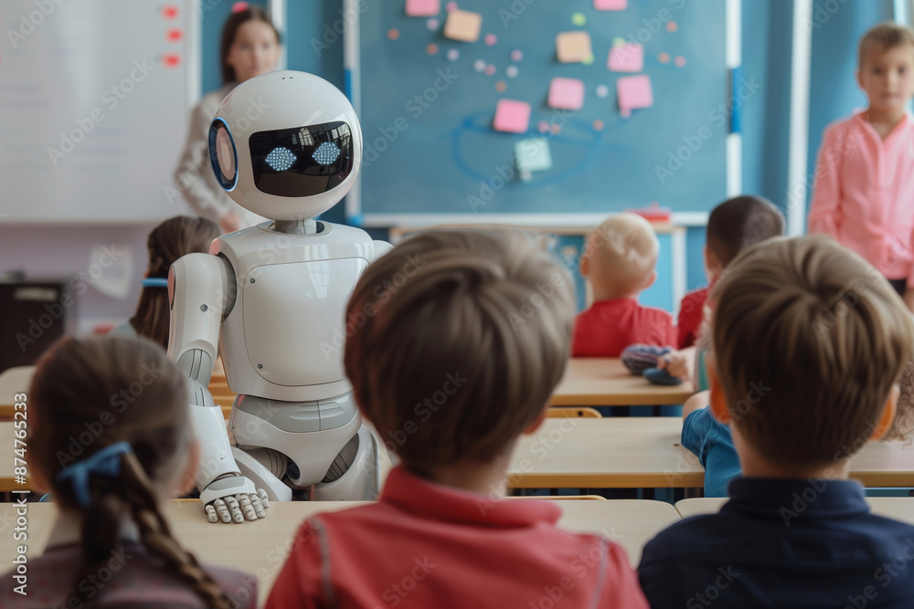 Poster robot is standing in front of a group of children in a classroom. the robot is white and has blue ey