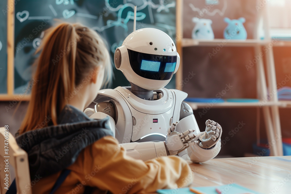 Poster robot is standing in front of a group of children in a classroom. the robot is white and has blue ey