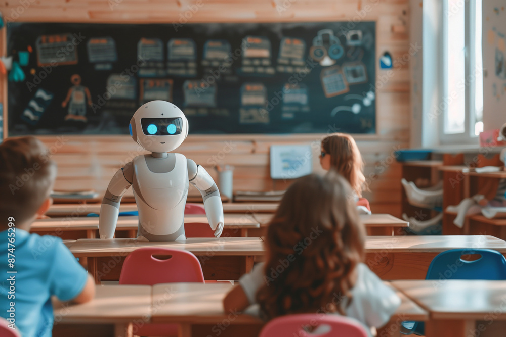Poster robot is standing in front of a group of children in a classroom. the robot is white and has blue ey
