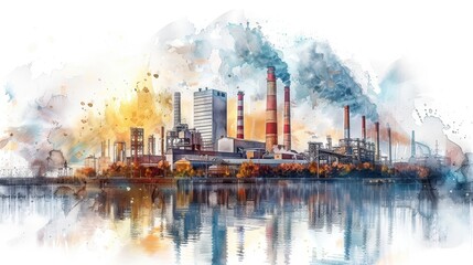 Colorful watercolor illustration of an industrial factory with smokestacks reflecting in the water, showcasing pollution and industry impact.