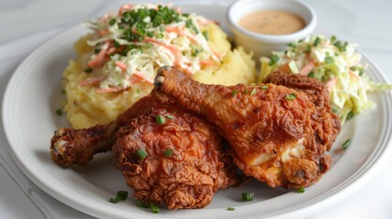 Fototapeta premium A plate of crispy, golden fried chicken served with a side of creamy mashed potatoes, rich gravy, and a fresh, homemade coleslaw with a tangy, zesty dressing