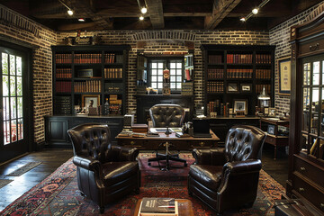 Classic home office with rich wood furniture, leather chairs, and a vintage atmosphere. Concept of traditional workspace and sophisticated design.