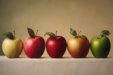 A beautifully arranged still life of five apples in different colors lined up on a neutral background. The lighting and composition highlight the texture and variety of the fruits.