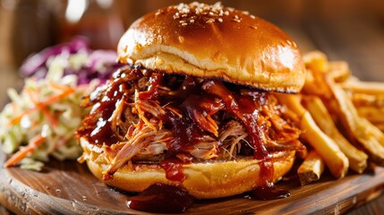 A succulent, juicy pulled pork sandwich with a smoky, tangy BBQ sauce, served on a toasted bun with a side of creamy coleslaw and crispy, seasoned fries