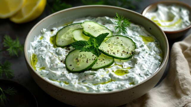 A bowl of creamy, tangy tzatziki sauce made with fresh, crunchy cucumbers, creamy yogurt, and aromatic garlic, perfect for dipping or as a condiment