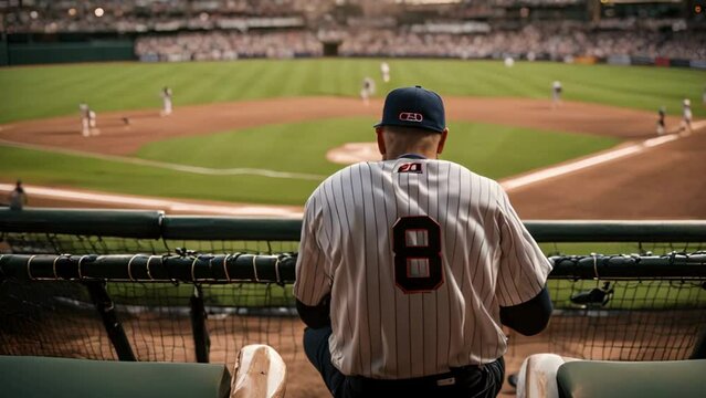 a player is watching his team play baseball game from sidelines, rear view