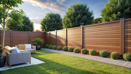 A serene backyard oasis is elevated by a sleek, modern composite privacy fence with horizontal boards and a warm, earthy color scheme.