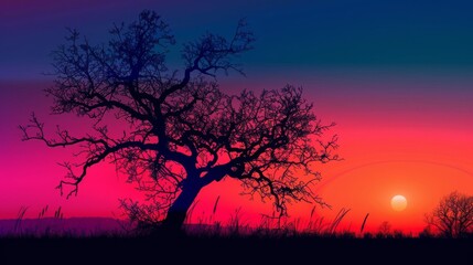 Fototapeta premium Silhouette of a lone tree against a vibrant and colorful sunset. Concepts. nature, landscape, dusk, dawn, twilight, beauty, peace, solitude