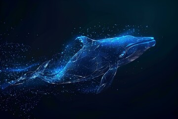 Fototapeta premium Abstract low poly humpback whale underwater, blue glowing particles on a dark background. Sea life concept for web design or presentation