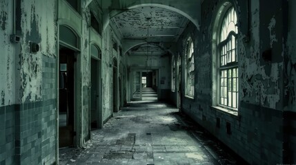 Fototapeta premium Abandoned Boarding School: Ghostly Hallways and Eerie Classrooms