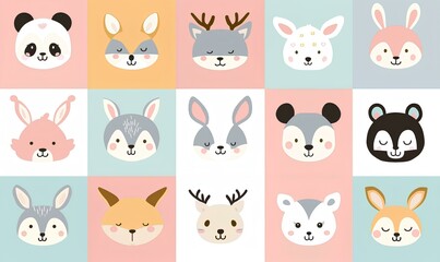 Cute animal faces in pastel colors on a squared background, vector illustration for baby room decor, wallpaper or poster design featuring different animals like rabbits and foxes, deer heads and panda
