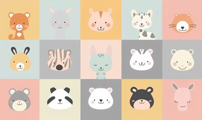 Cute animal faces in pastel colors on a squared background, vector illustration for baby room decor, wallpaper or poster design featuring different animals like rabbits and foxes, deer heads and panda