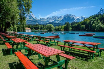 Obraz premium Portsmouth, UK empty cafe tables with sea in background bright vivid colourful empty during covid lockdown.