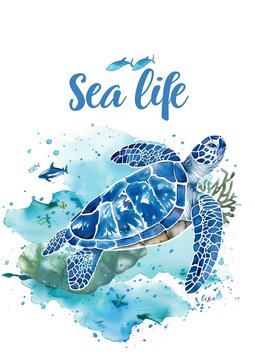 Watercolor sea turtle on white background, blue and brown color scheme, dark watercolour splash, plain blank poster template for design