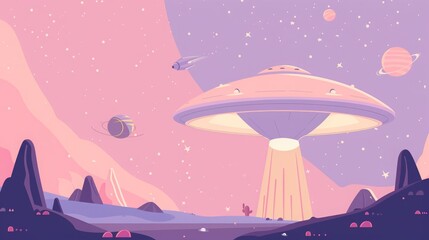 Pink pastel illustration of UFO spaceship hovering over an alien planet landscape. Concept of space travel, science fiction, fantasy, and otherworldly adventure.