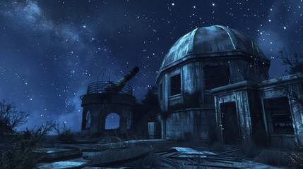 Obraz premium Abandoned Observatory: Broken Telescopes under Eerie Dome in Ghostly Night Sky