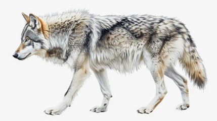 A grey wolf is walking on a white background