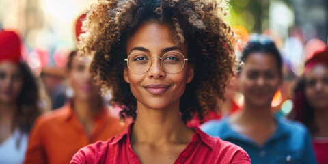 Fototapeta premium Portrait of a confident woman with curly hair and glasses, standing out in a diverse urban crowd.