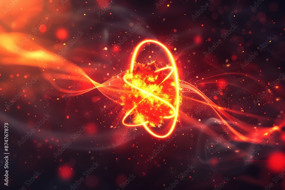 Poster dynamic particle collision in vibrant red and orange hues, abstract representation of energy and mot