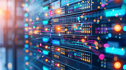Fototapeta premium Server rack with glowing lights and data flowing through it. A futuristic concept of data transfer.