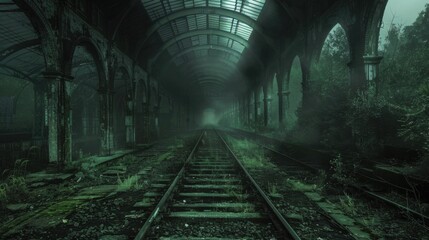 Abandoned Train Depot: Ghostly Trains on Decayed Tracks in Eerie Silence