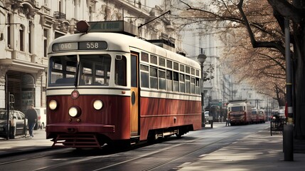 Naklejka premium Vintage Tram on Historic City Street