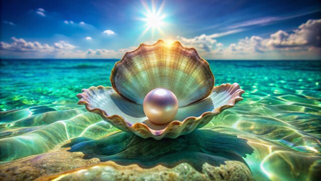 Delicate translucent pearl nestled within iridescent mother-of-pearl lined shell submerged in crystal clear turquoise ocean water with seaweed surroundings.