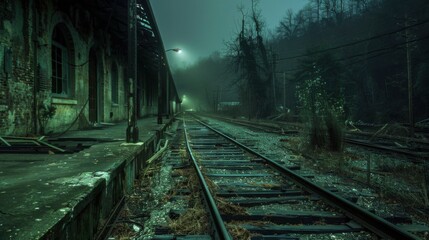 Fototapeta premium Ghostly Remnants: Haunted Train Depot with Decayed Tracks and Eerie Silence