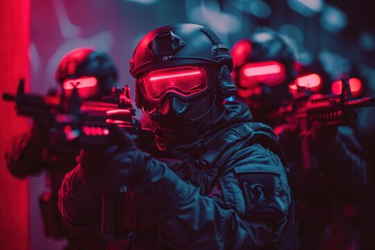 Tactical team aiming rifles wearing futuristic red-lit helmets gear.