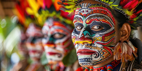 Obraz premium Close-up of a tribal woman adorned with intricate face paint and a vibrant headdress, highlighting cultural artistry.
