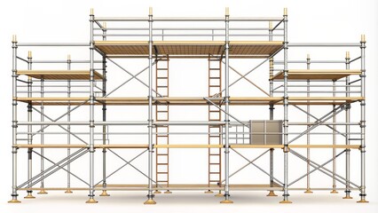 Simple outline illustration of building scaffolding structure with ladders, platforms, and frameworks against a plain white background in flat design.
