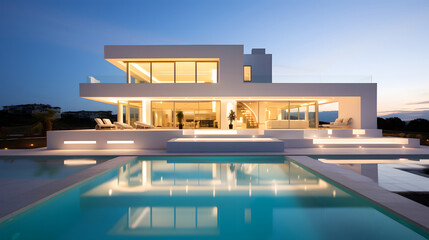 Fototapeta premium Modern Luxurious House with Pool at Sunset