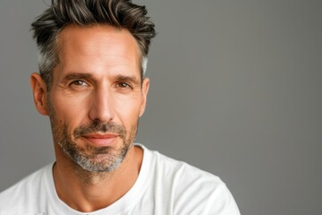 Fototapeta premium A handsome man using serum for skin care isolated on a grey background.