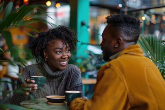 A happy black woman in her thirties having coffee with an African American man at the table.