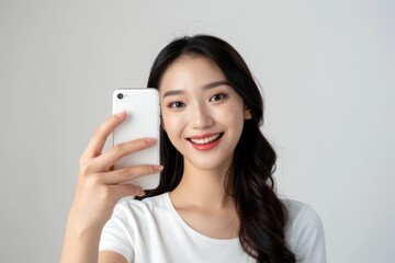 Fototapeta premium Woman taking a selfie with a green smartphone isolated on a white background.