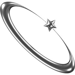 3D rendering of a chrome star with a tail, encased in a metallic ring. The design evokes a Y2K aesthetic with its futuristic and reflective elements.
