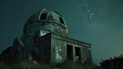 Obraz premium Forgotten Observations: Abandoned Observatory with Broken Telescopes Under Eerie Night Sky
