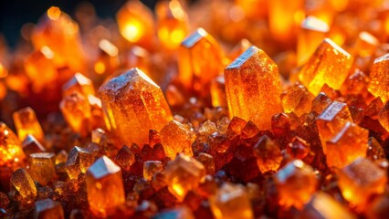 Vibrant orange sugar crystals sparkle under precise lighting, showcasing intricate textures and radiant colors in stunning culinary-focused macro photography.