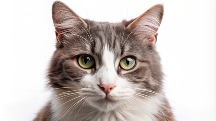 Obraz premium Isolated, elegant, gray and white feline's severed head, showcasing whiskers, nose, and serene expression on a clean pure white backdrop.