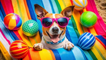 Carefree canine wearing trendy shades lounges on sunny beach towel surrounded by vibrant beach balls and colorful summer toys.