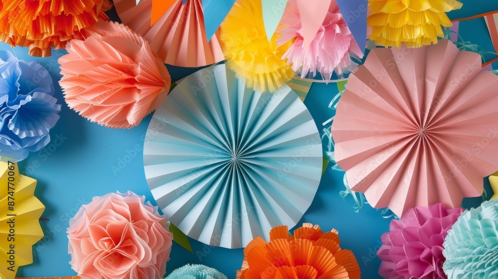 Poster striped paper fans and pom poms in various sizes and colors add a fun and festive touch to the party