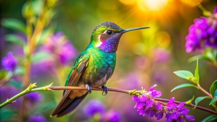Fototapeta premium Vibrant iridescent hummingbird perches on delicate purple flower branch, its tiny wings fluttering rapidly in warm sunlight.