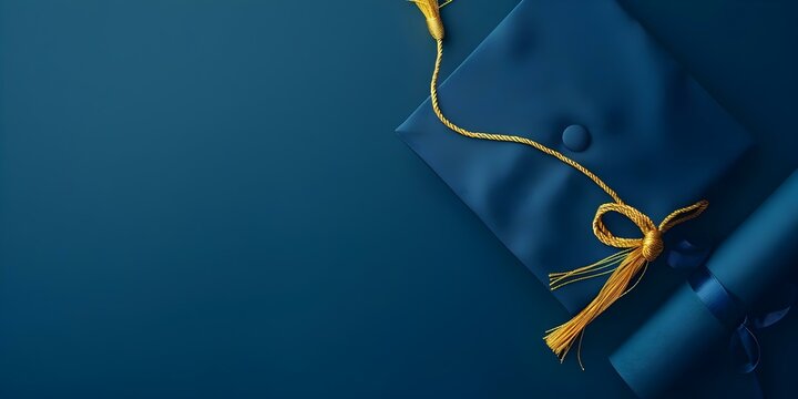 Blue graduation cap and degree invitation card on blue background. Concept Graduation Photo Ideas, Cap and Gown Photography, Invitation Card Design