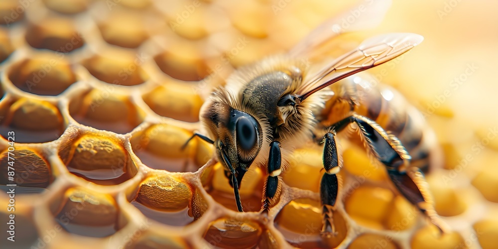Aufkleber macro image of honeybee displaying wings and eyes against honeycomb background. concept macro photog