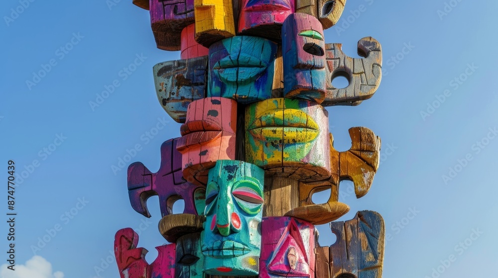 Poster a towering totem pole adorned with vibrant abstract figures each one representing a different emotio