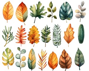 Fototapeta premium Vibrant Desert Themed Watercolor Leaf Set with Muted Tones and Cactus Elements on White Background