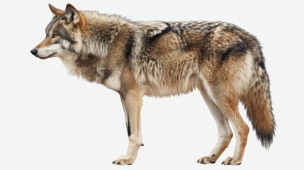 Fototapeta premium A large grey and brown wolf standing on a white background