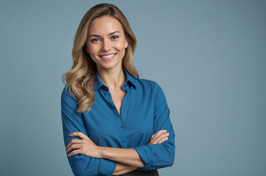 Portrait of smiling young woman confidently with long blonde hair in blue shirt