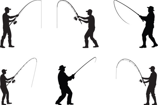 set of silhouettes of fishing, Set of silhouette fisherman. Collection of fishing man isolated white background