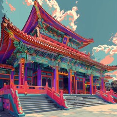 Obraz premium Vibrant Traditional Buddhist Temple Festival Celebrating in Pop Art Style
